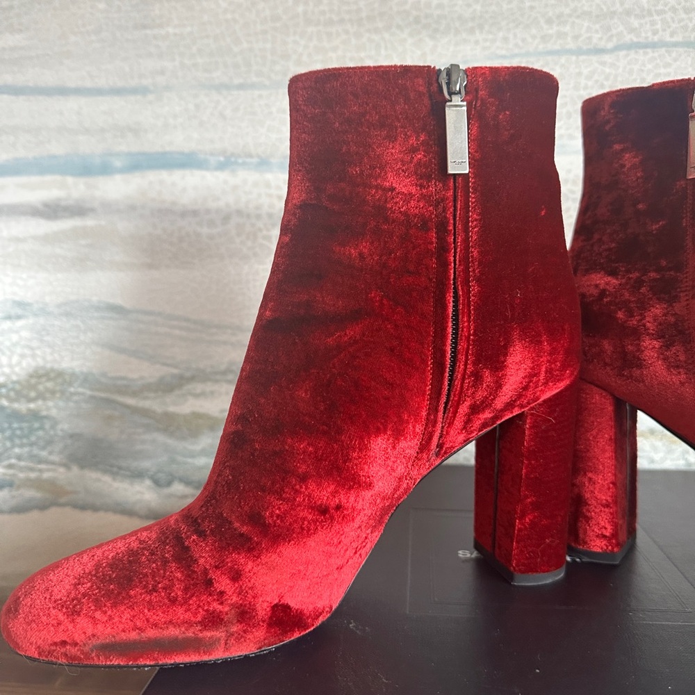 Saint Laurent Red Velvet Ankle Boots - Picture 10 of 13